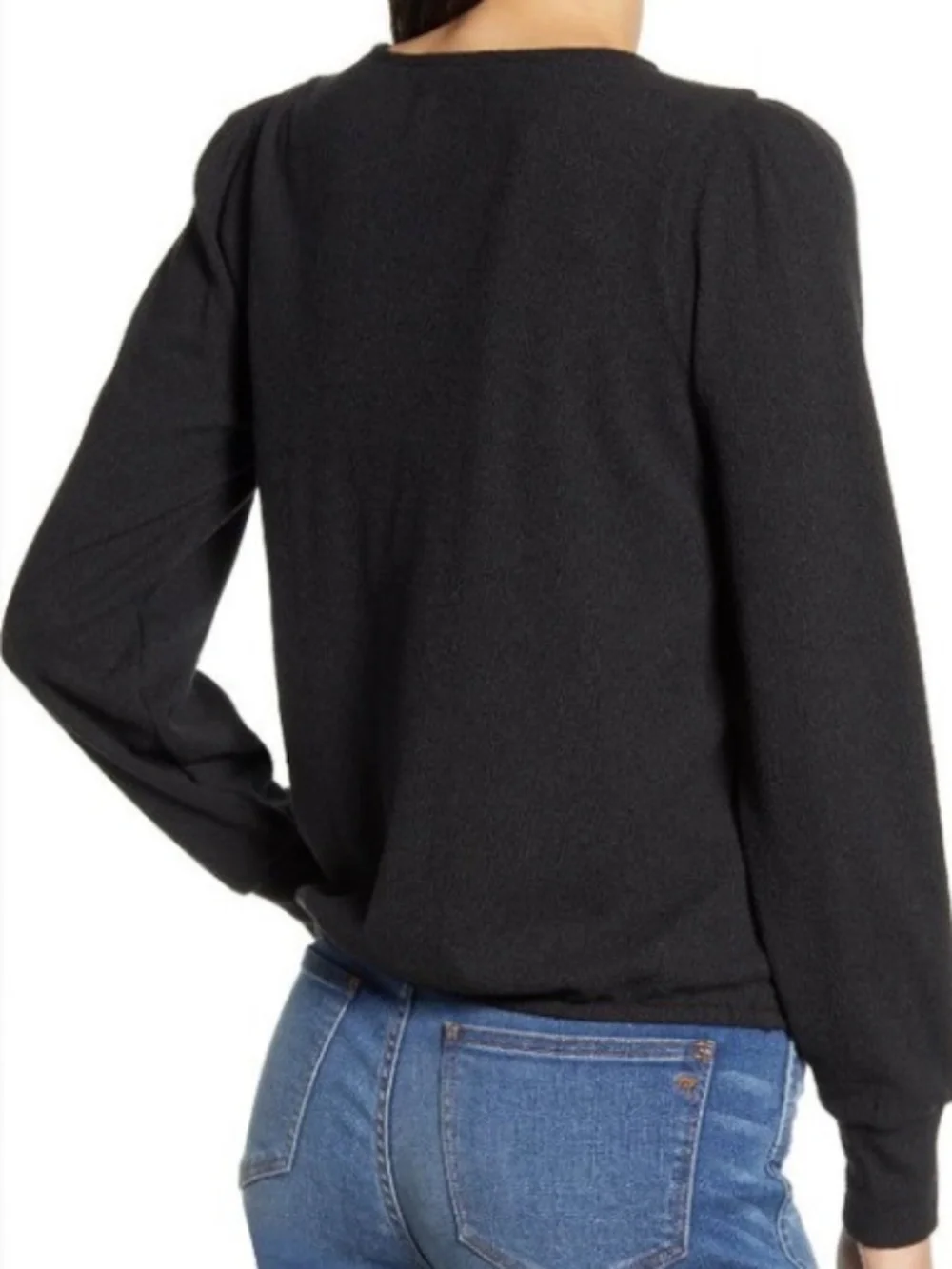 Madewell Texture & Thread Classic Puff-Sleeve Faux-Wrap Top Black Size Medium